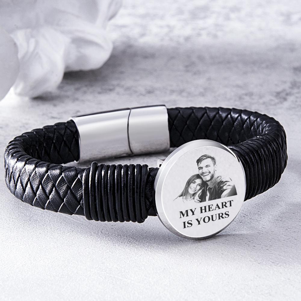 Personalized Photo Leather Wide Bracelet Engraved Unique Bracelet Gifts For Him-Blongser