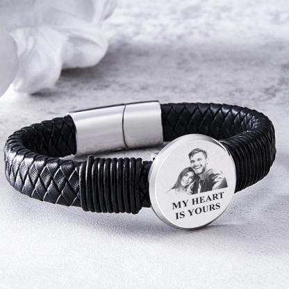 Personalized Photo Leather Wide Bracelet Engraved Unique Bracelet Gifts For Him-Blongser