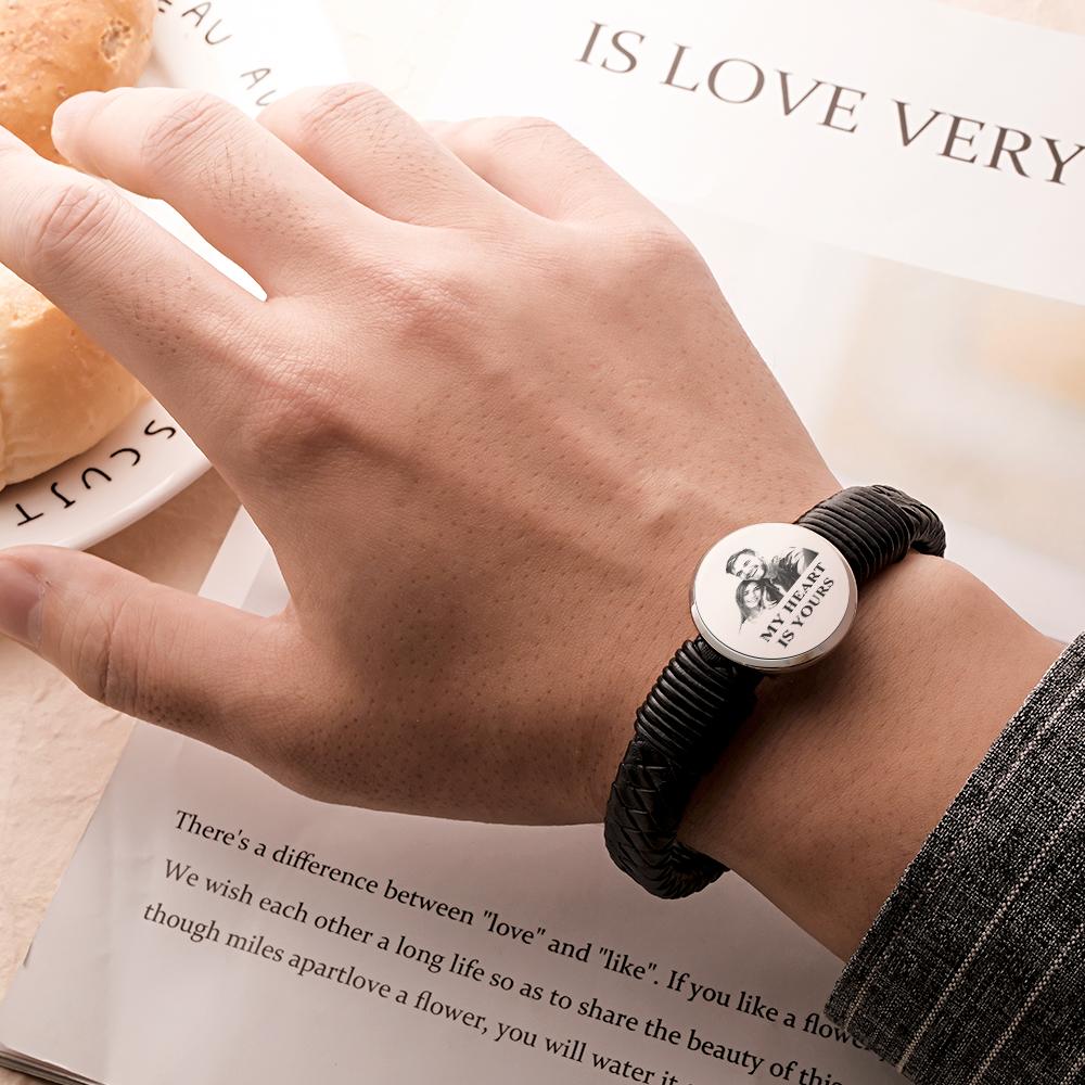 Personalized Photo Leather Wide Bracelet Engraved Unique Bracelet Gifts For Him-Blongser