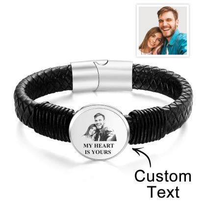 Personalized Photo Leather Wide Bracelet Engraved Unique Bracelet Gifts For Him-Blongser