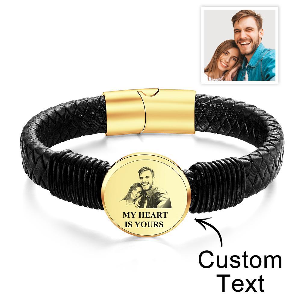 Personalized Photo Leather Wide Bracelet Engraved Unique Bracelet Gifts For Him-Blongser