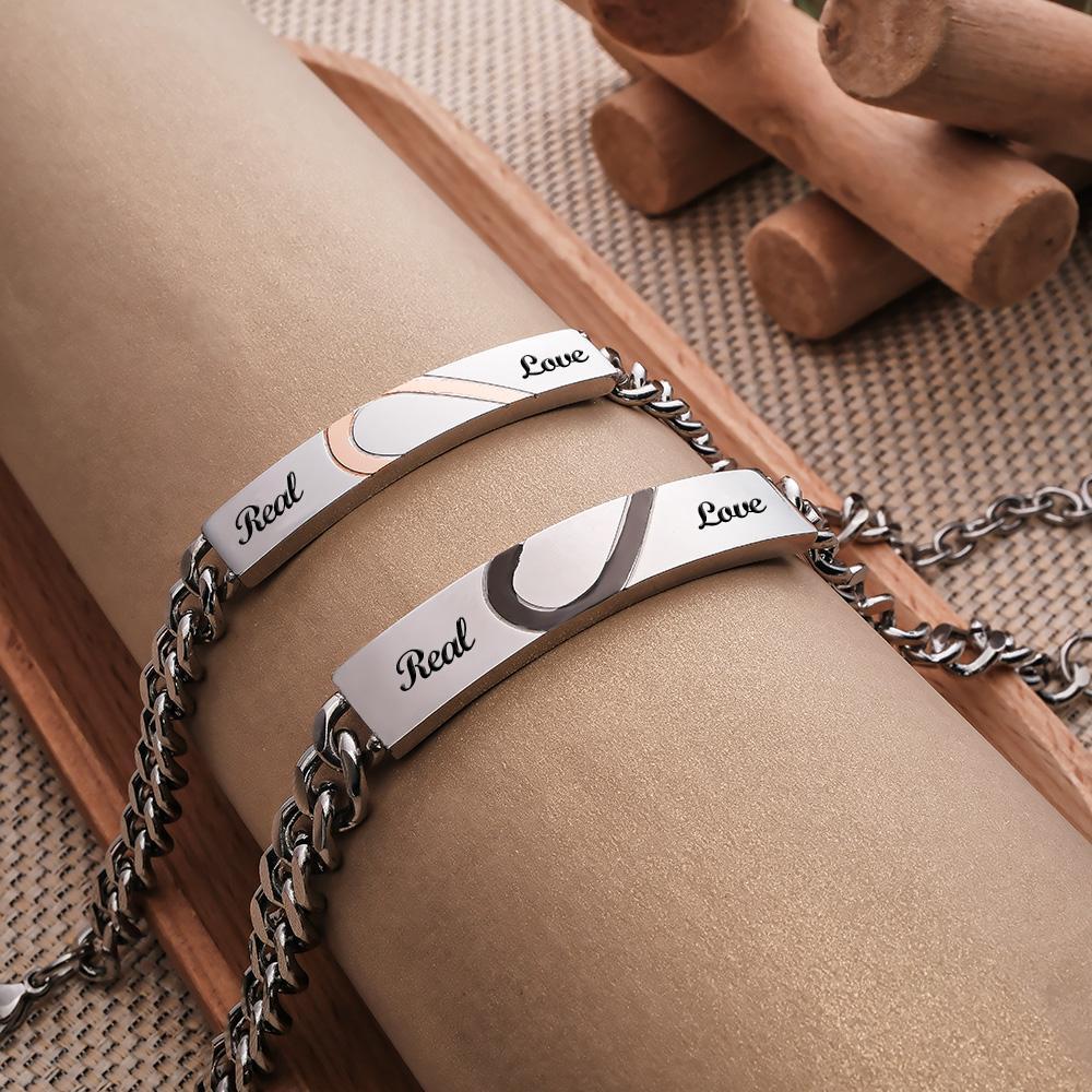 Engraved Couple Bracelet Personalized  Love Heart Wide Chain Bracelet Valentine's Day Gifts-Blongser