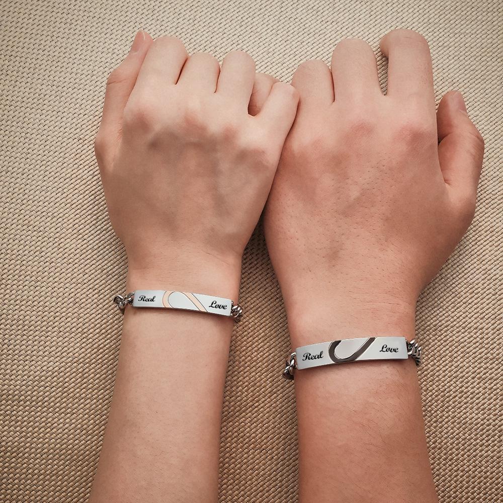 Engraved Couple Bracelet Personalized  Love Heart Wide Chain Bracelet Valentine's Day Gifts-Blongser