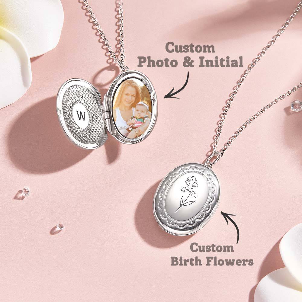 Personalized Birth Flower Locket Necklace with Photo Necklace Jewelry Gift for Her-Blongser
