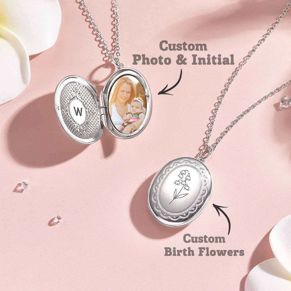 Personalized Birth Flower Locket Necklace with Photo Necklace Jewelry Gift for Her-Blongser