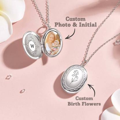 Personalized Birth Flower Locket Necklace with Photo Necklace Jewelry Gift for Her-Blongser