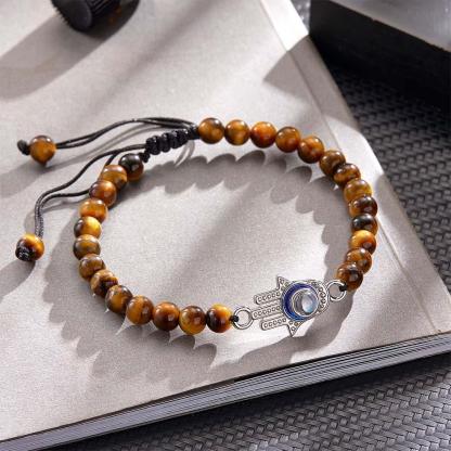 Custom Photo Projection Bracelet Tiger Eye Beaded Hamsa Evil Eye Men's Amulet Bracelet for Him-Blongser