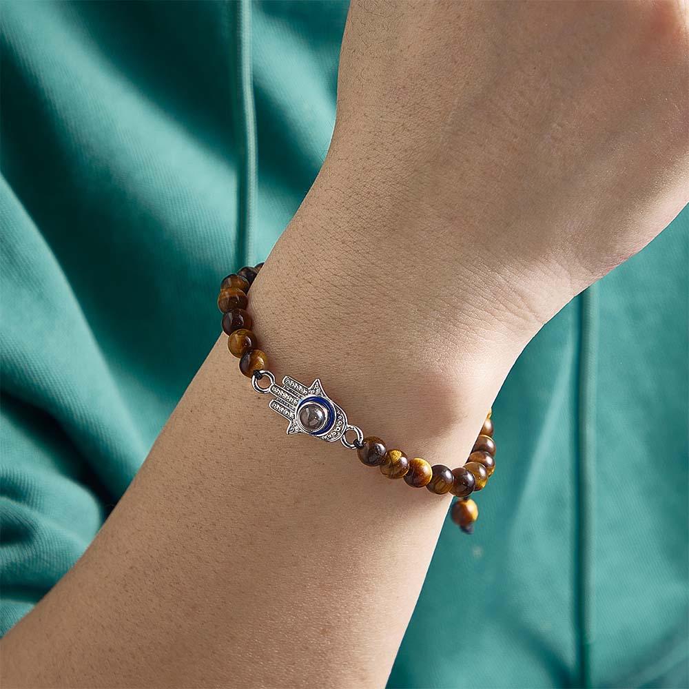 Custom Photo Projection Bracelet Tiger Eye Beaded Hamsa Evil Eye Men's Amulet Bracelet for Him-Blongser
