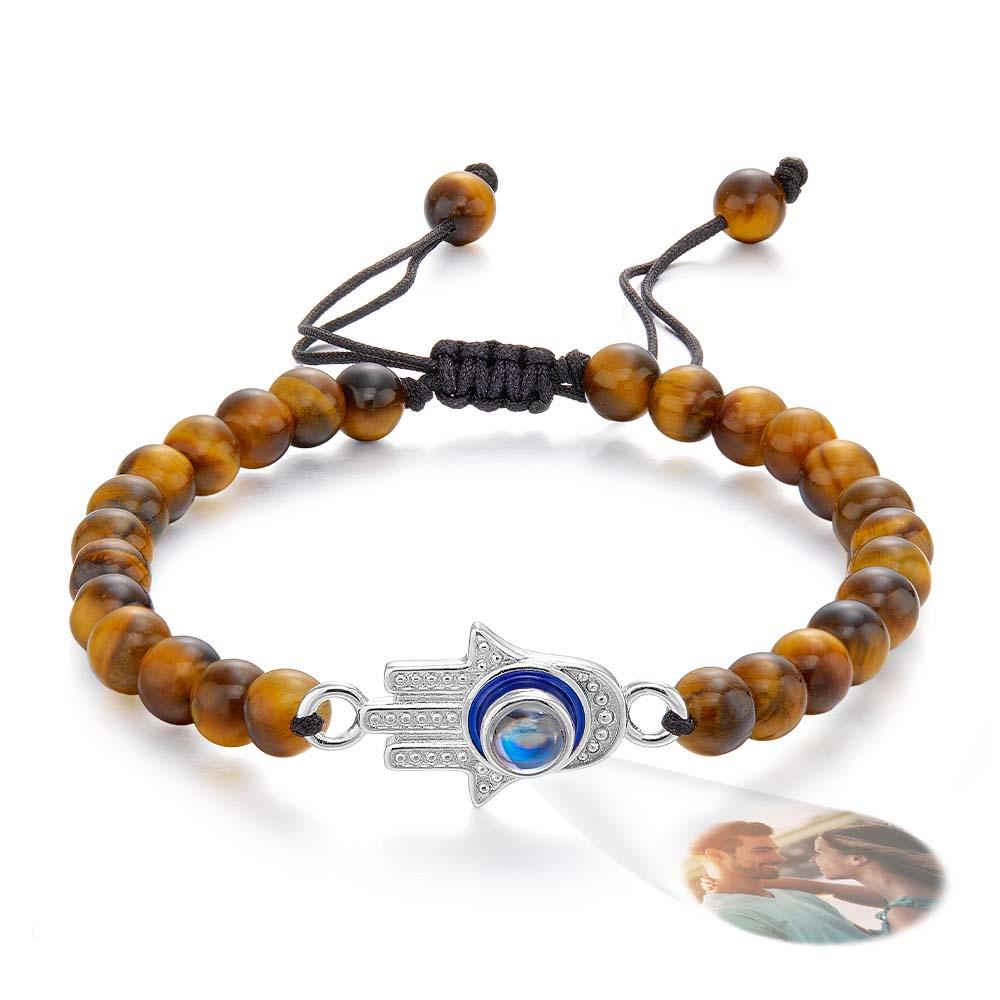 Custom Photo Projection Bracelet Tiger Eye Beaded Hamsa Evil Eye Men's Amulet Bracelet for Him-Blongser