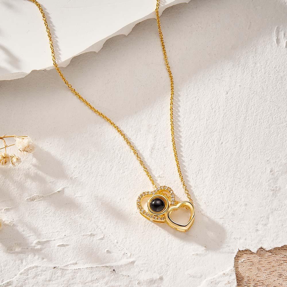 Custom Double Heart Photo Projection Necklace Personalized Picture Inside Pendant Memorial Jewelry-Blongser