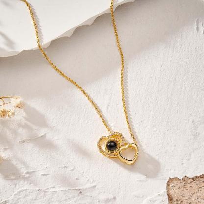 Custom Double Heart Photo Projection Necklace Personalized Picture Inside Pendant Memorial Jewelry-Blongser