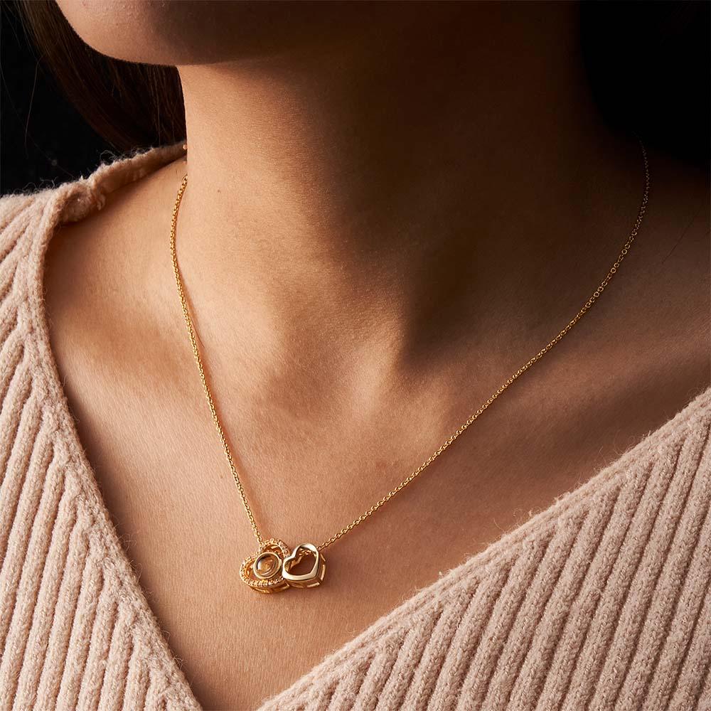 Custom Double Heart Photo Projection Necklace Personalized Picture Inside Pendant Memorial Jewelry-Blongser