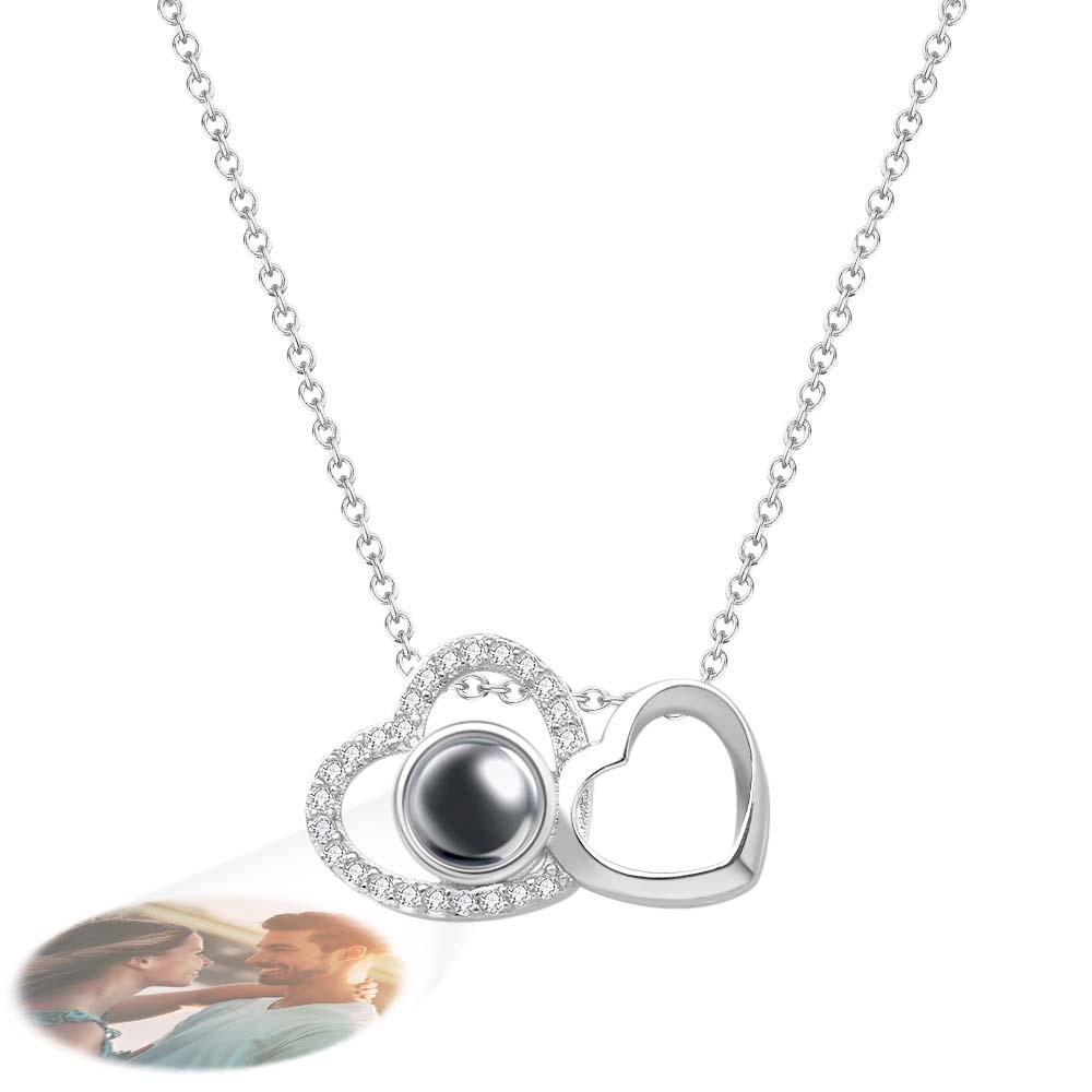 Custom Double Heart Photo Projection Necklace Personalized Picture Inside Pendant Memorial Jewelry-Blongser