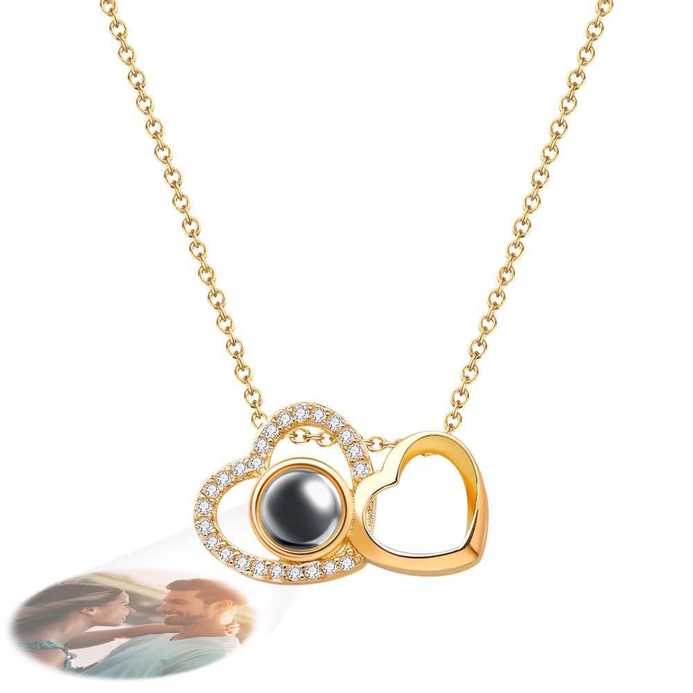 Custom Double Heart Photo Projection Necklace Personalized Picture Inside Pendant Memorial Jewelry-Blongser