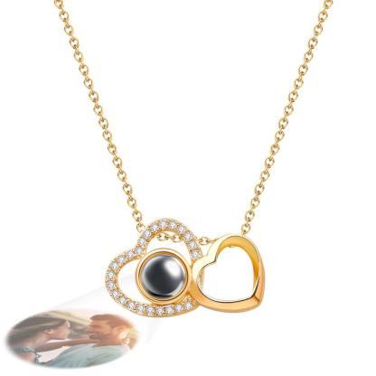 Custom Double Heart Photo Projection Necklace Personalized Picture Inside Pendant Memorial Jewelry-Blongser