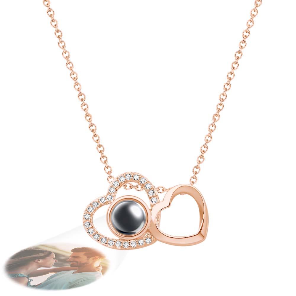 Custom Double Heart Photo Projection Necklace Personalized Picture Inside Pendant Memorial Jewelry-Blongser