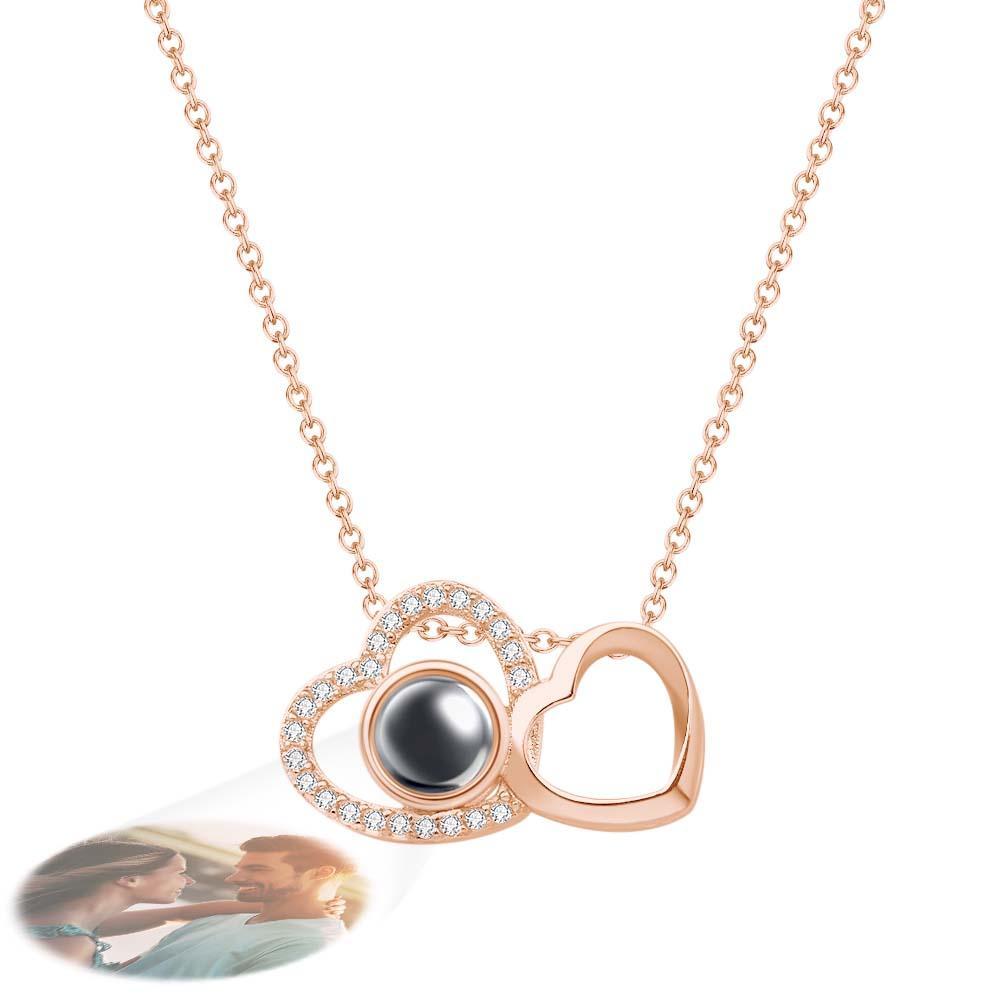 Custom Double Heart Photo Projection Necklace Personalized Picture Inside Pendant Memorial Jewelry-Blongser