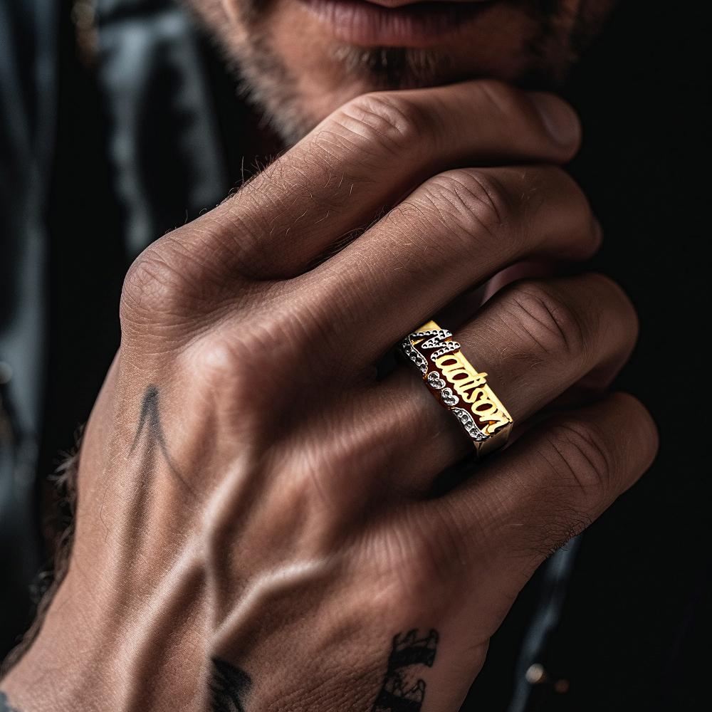 Personalised Hip Hop Name Ring With Double Hearts Initial Ring Jewellery Gift for Men Women-Blongser