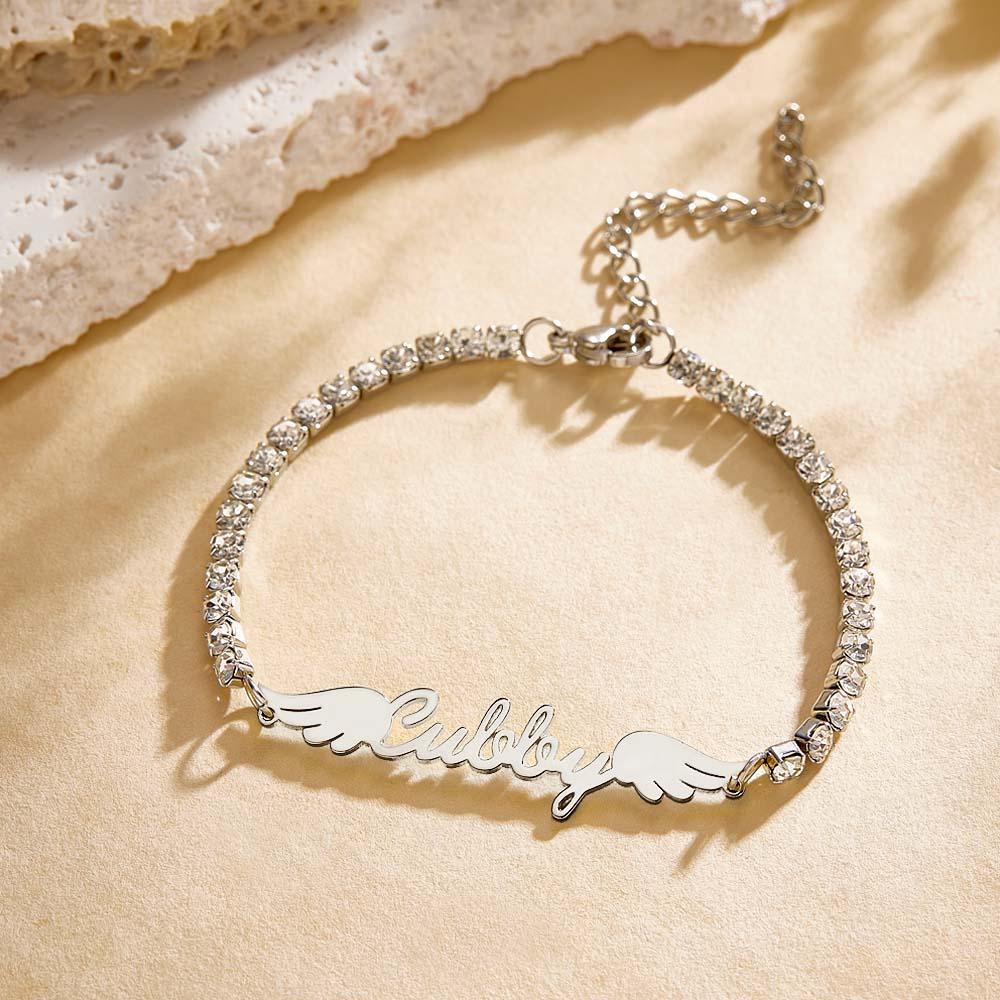 Custom Name Tennis Bracelet Elegant Angel Wings All Diamonds Bracelet Gift For Her-Blongser