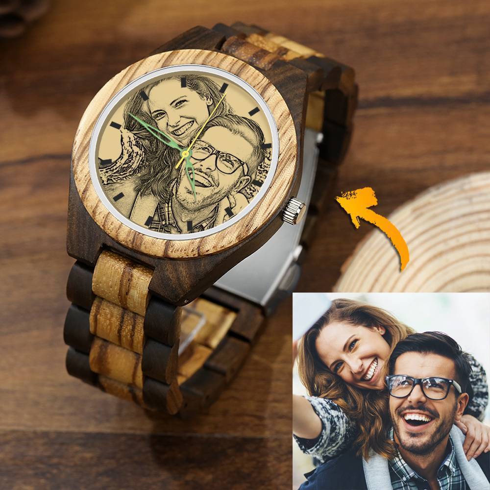Custom Engraved Men's Wooden Photo Watch 45mm-Blongser