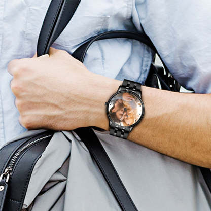 Engraved Men's Black Alloy Bracelet Photo Watch QR Code Watch 38mm Men's Gifts-Blongser