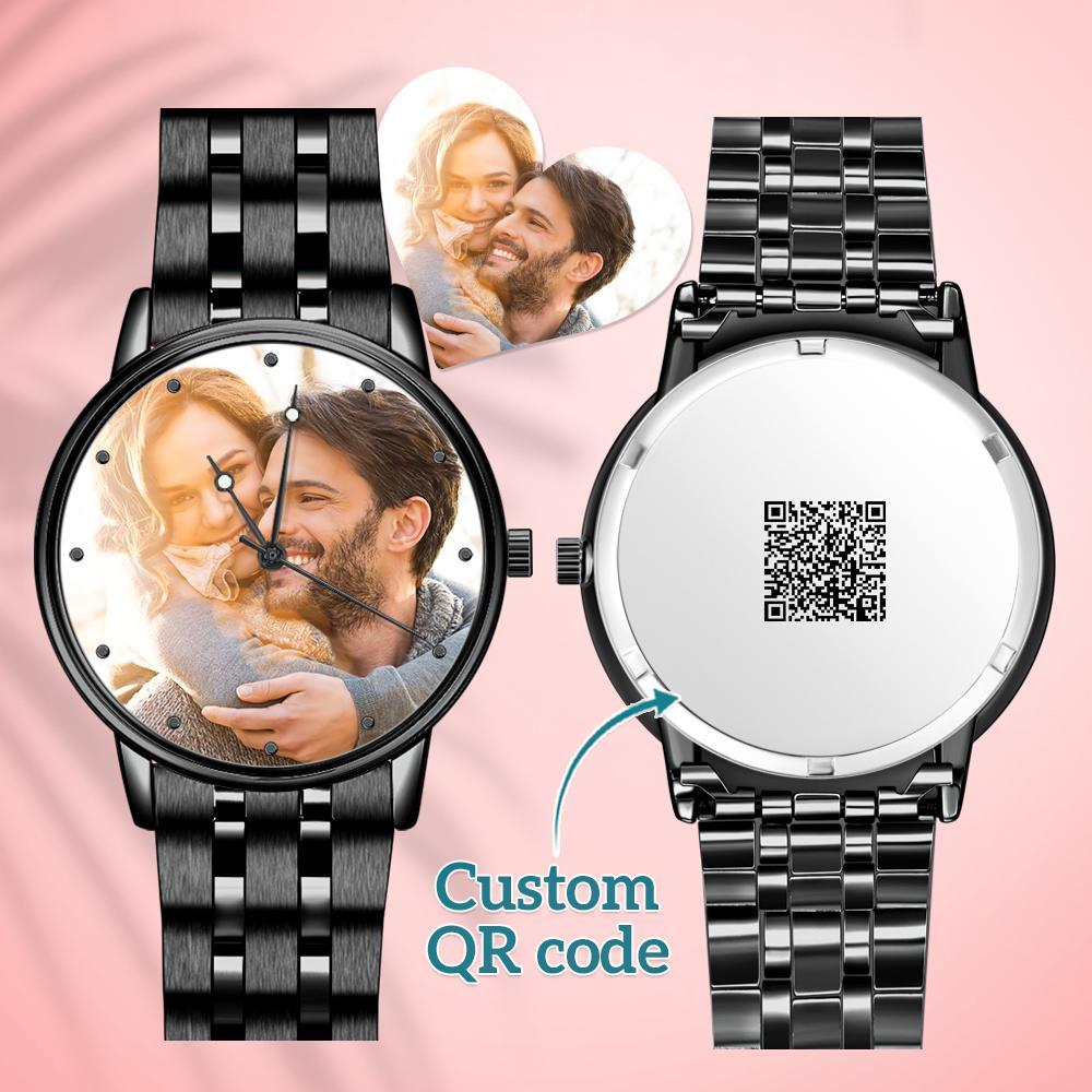 Engraved Men's Black Alloy Bracelet Photo Watch QR Code Watch 38mm Men's Gifts-Blongser