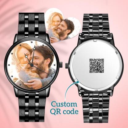 Engraved Men's Black Alloy Bracelet Photo Watch QR Code Watch 38mm Men's Gifts-Blongser