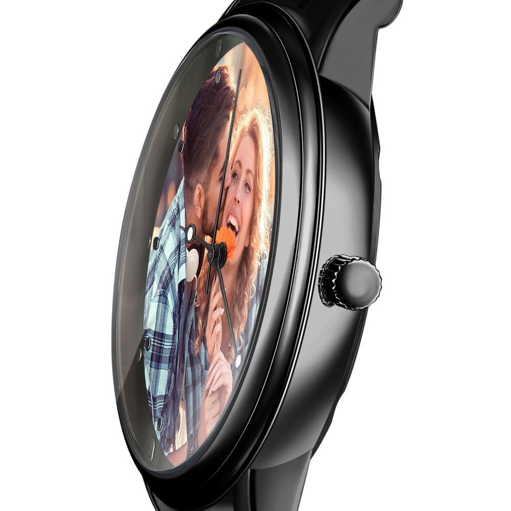 Men's Engraved Photo Watch Calendar Black Alloy Bracelet-Blongser