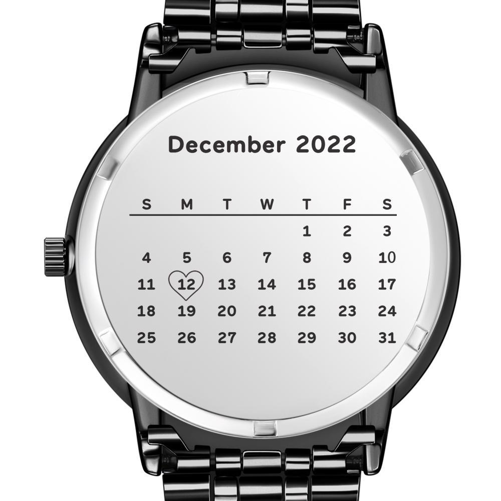 Men's Engraved Photo Watch Calendar Black Alloy Bracelet-Blongser