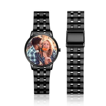 Men's Engraved Photo Watch Calendar Black Alloy Bracelet-Blongser