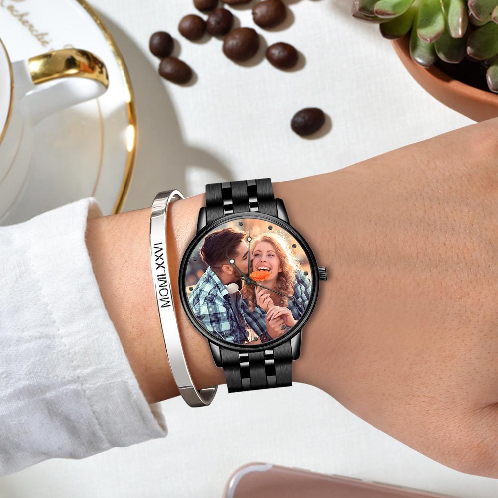 Men's Engraved Photo Watch Calendar Black Alloy Bracelet-Blongser