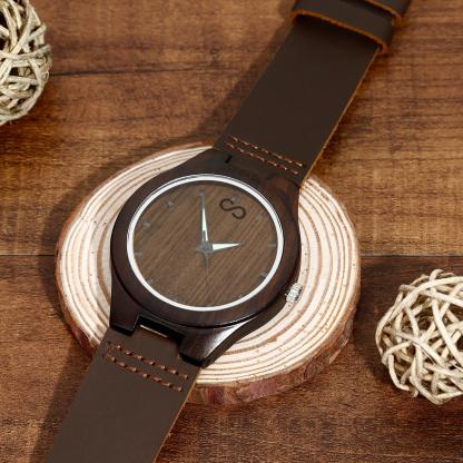 Custom Engraved Wooden Watch Leather Strap 45mm Valentine‘s Day Gifts-Blongser