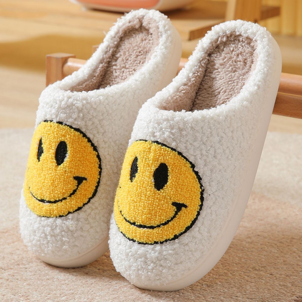 Smiley Face Cotton Slippers Fuzzy Fluffy Slippers Warm Cozy House Slippers For Women And Men-Blongser
