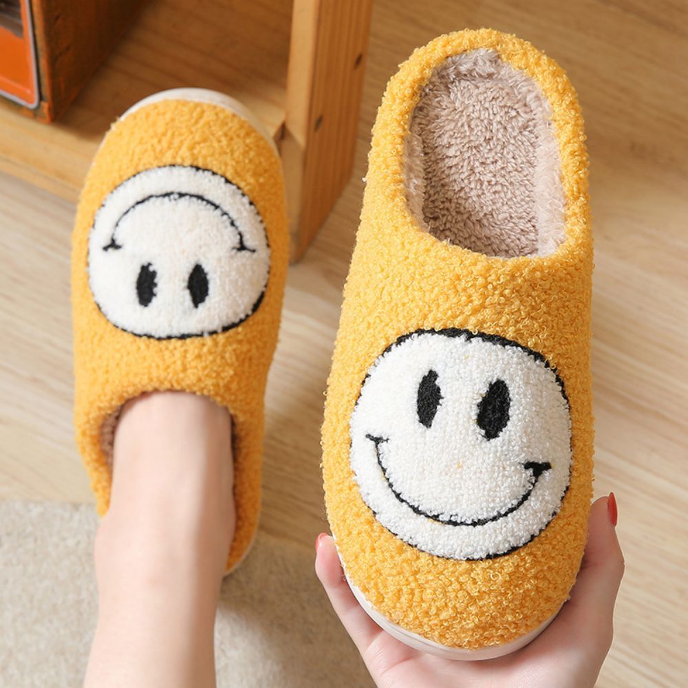 Smiley Face Cotton Slippers Fuzzy Fluffy Slippers Warm Cozy House Slippers For Women And Men-Blongser