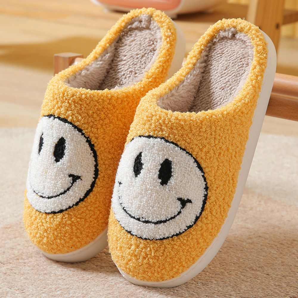 Smiley Face Cotton Slippers Fuzzy Fluffy Slippers Warm Cozy House Slippers For Women And Men-Blongser