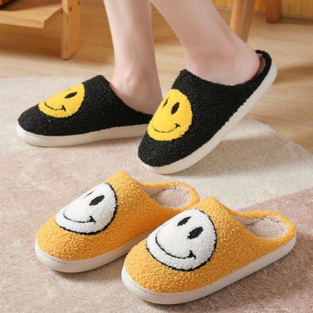 Smiley Face Cotton Slippers Fuzzy Fluffy Slippers Warm Cozy House Slippers For Women And Men-Blongser