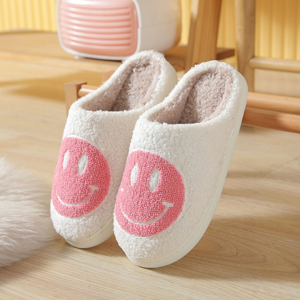 Smiley Face Cotton Slippers Fuzzy Fluffy Slippers Warm Cozy House Slippers For Women And Men-Blongser