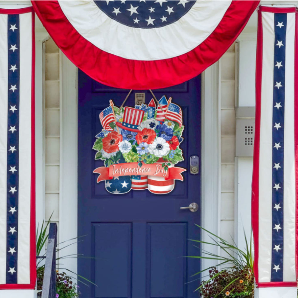 4th of July Flowers Welcome Door Sign Independence Day Decorations Front Door Hanger-Blongser