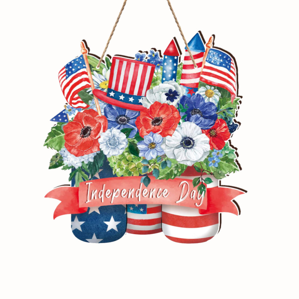 4th of July Flowers Welcome Door Sign Independence Day Decorations Front Door Hanger-Blongser