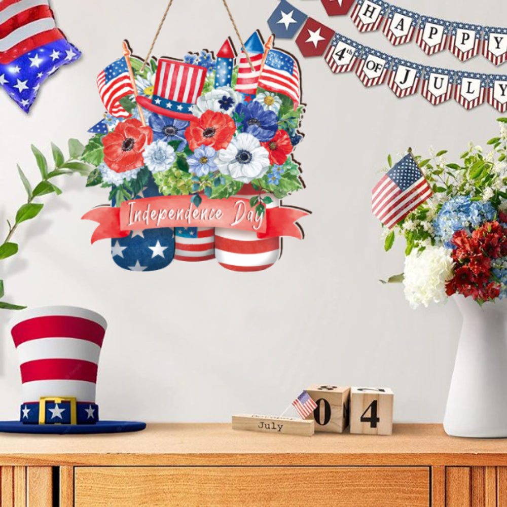 4th of July Flowers Welcome Door Sign Independence Day Decorations Front Door Hanger-Blongser