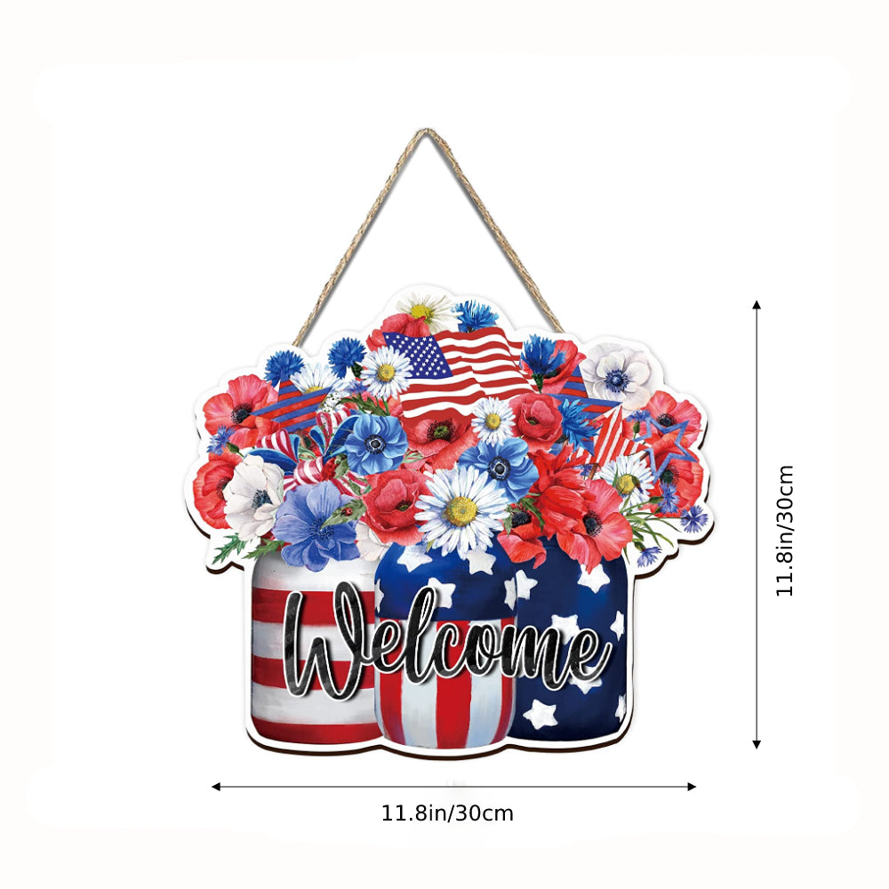 4th of July Flowers Welcome Door Sign Independence Day Decorations Front Door Hanger-Blongser