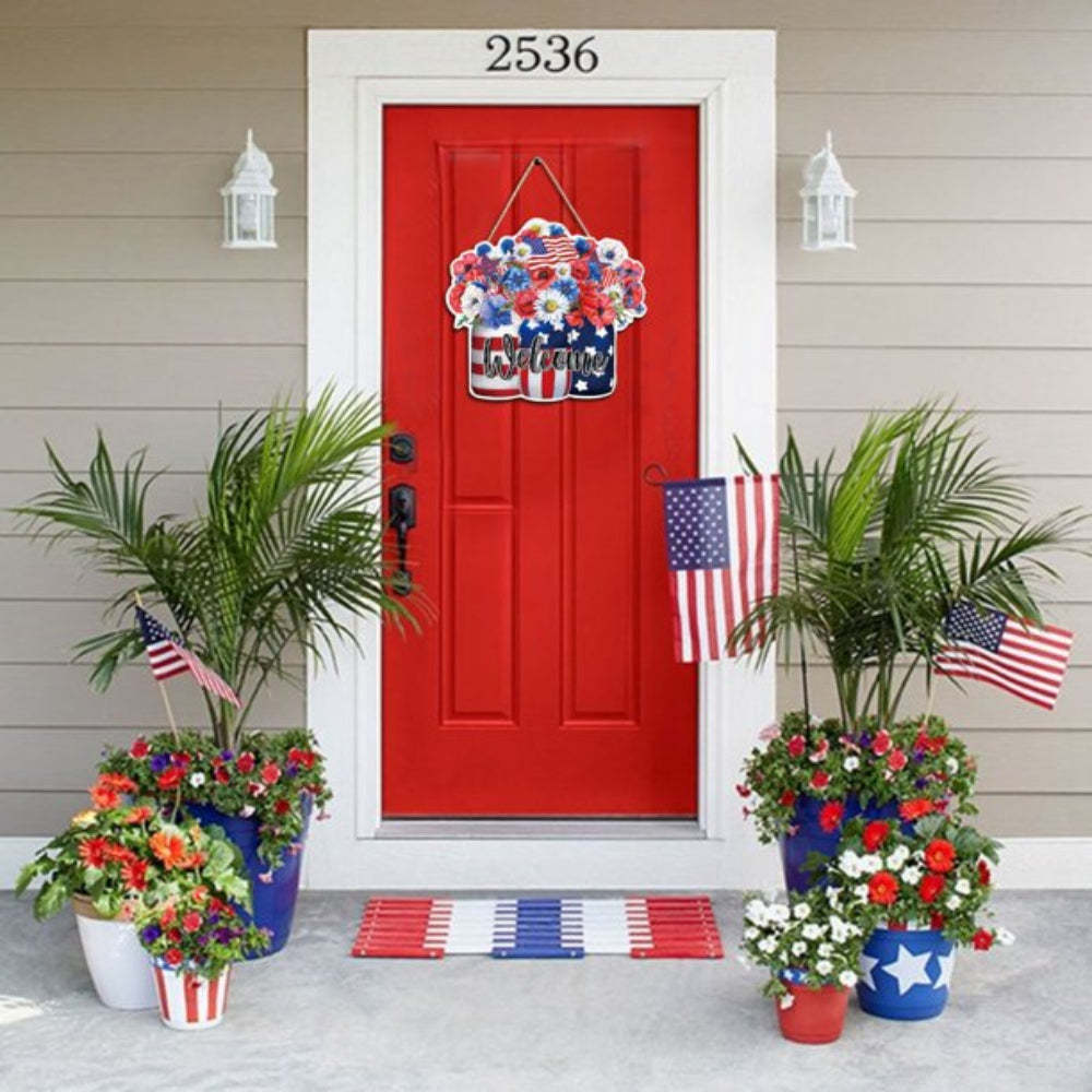 4th of July Flowers Welcome Door Sign Independence Day Decorations Front Door Hanger-Blongser