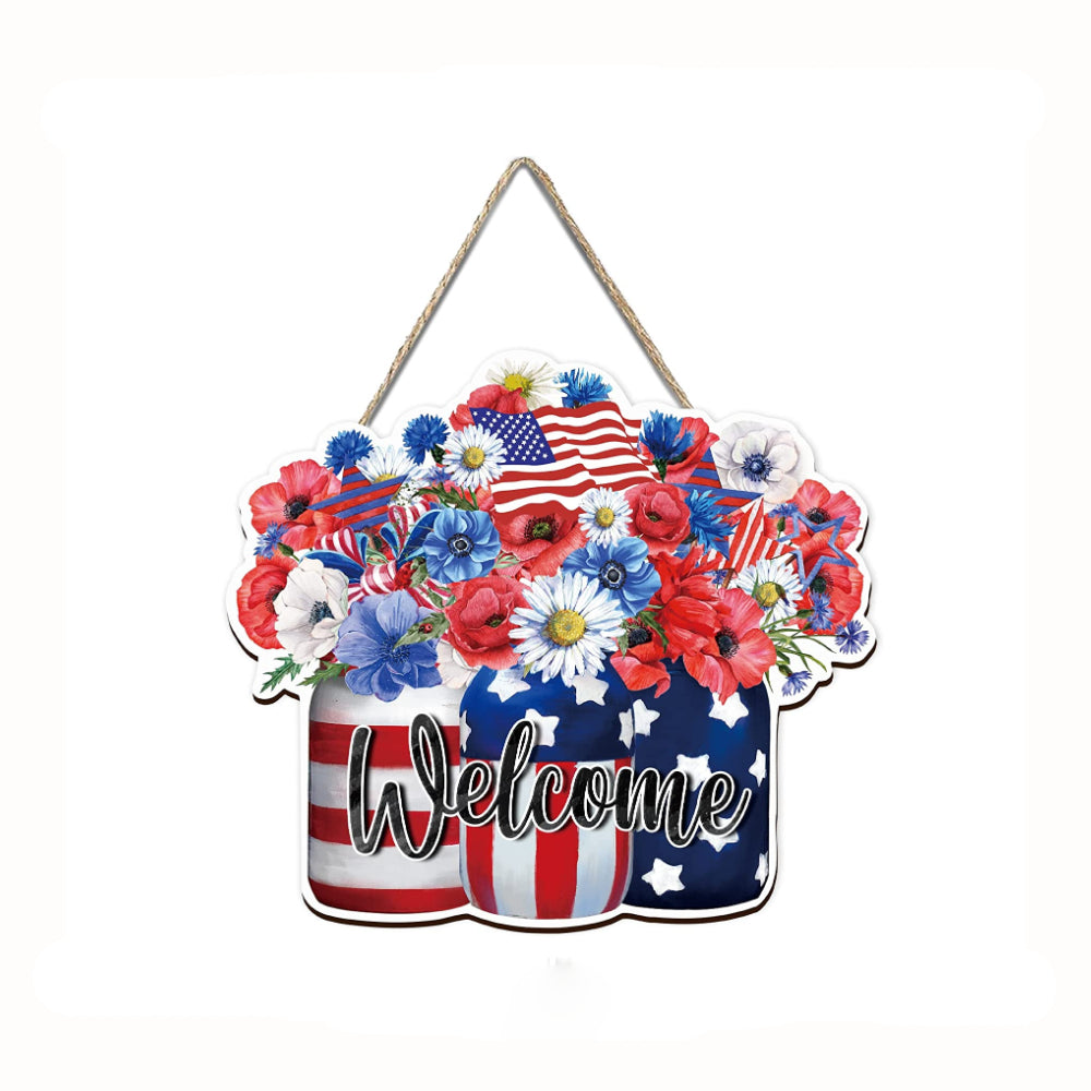 4th of July Flowers Welcome Door Sign Independence Day Decorations Front Door Hanger-Blongser