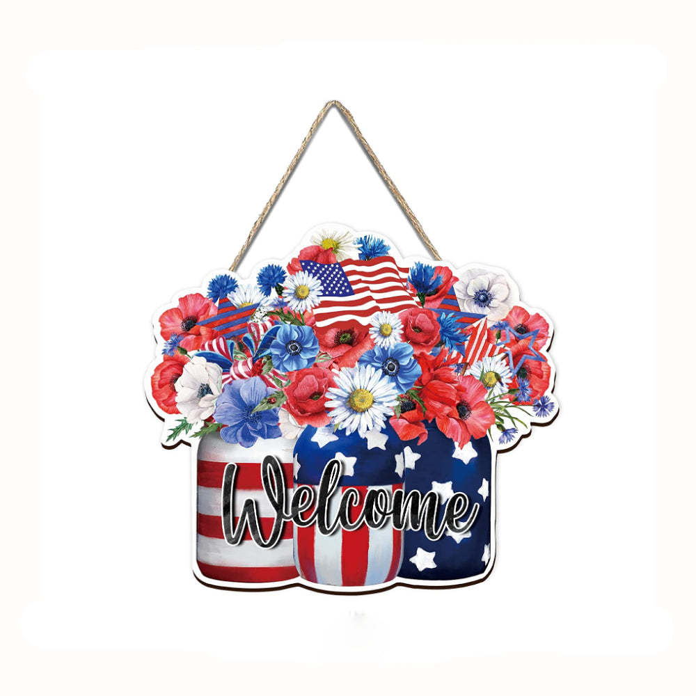 4th of July Flowers Welcome Door Sign Independence Day Decorations Front Door Hanger-Blongser