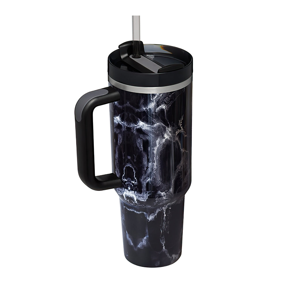 40oz Insulated Mug with Handle and Straw Marble Pattern Stainless Steel Travel Cup Gift for Family Friends Couples-Blongser