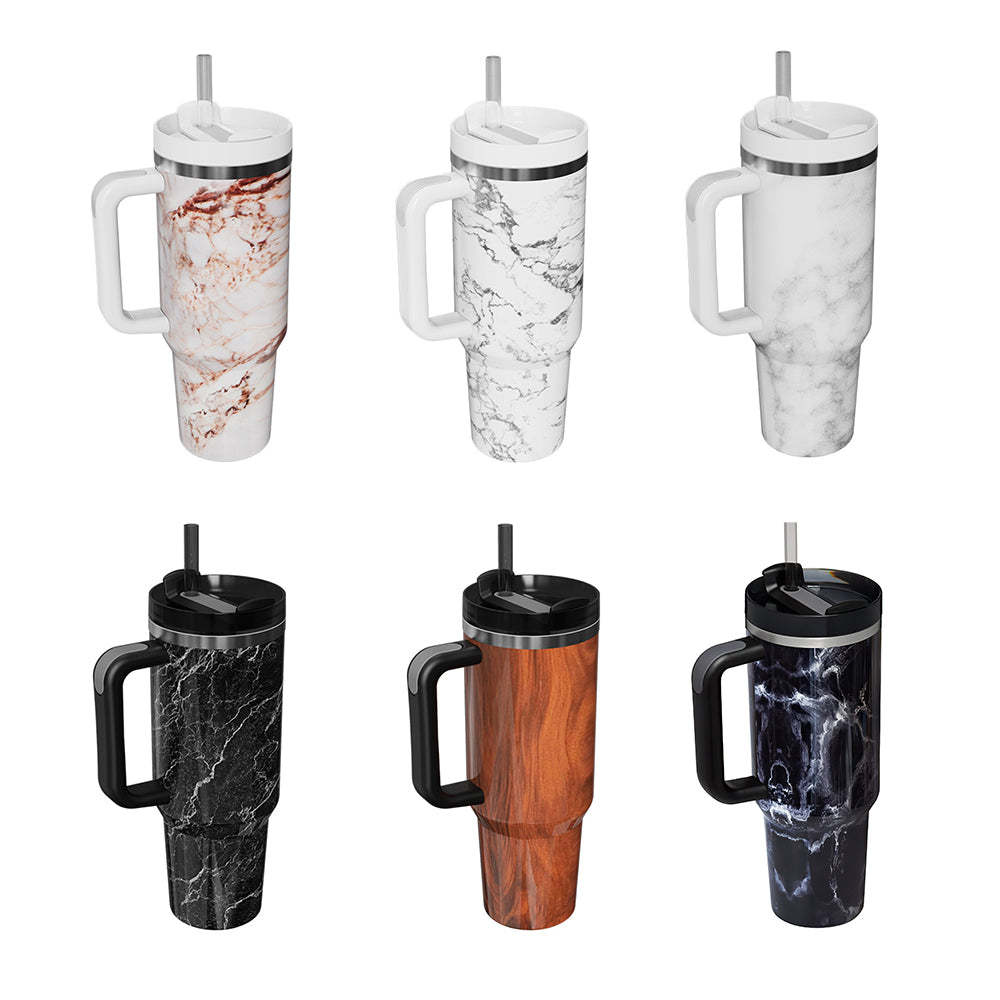 40oz Insulated Mug with Handle and Straw Marble Pattern Stainless Steel Travel Cup Gift for Family Friends Couples-Blongser