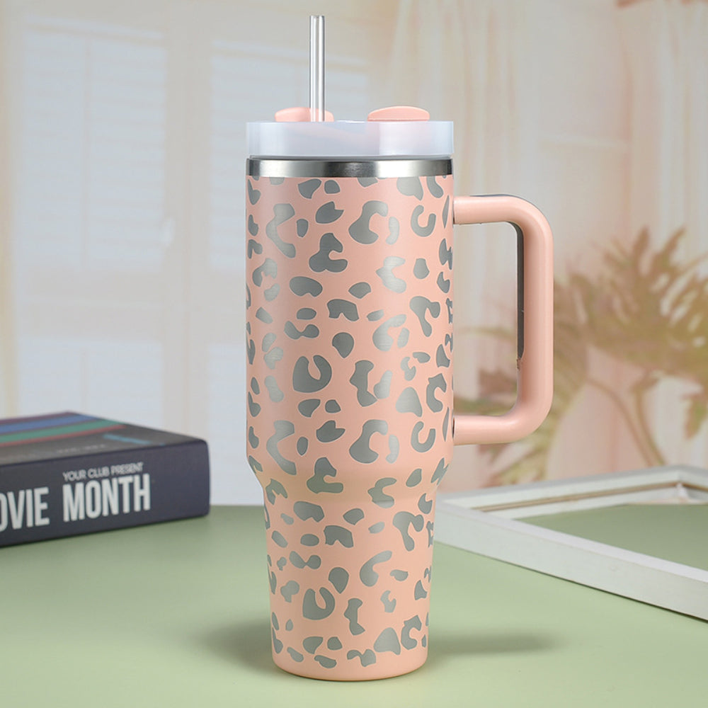 40oz Insulated Mug with Handle and Straw Colorful Leopard Pattern Stainless Steel Travel Cup Gift for Family Friends Couples-Blongser