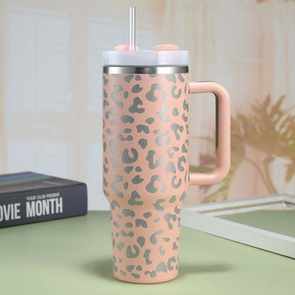 40oz Insulated Mug with Handle and Straw Colorful Leopard Pattern Stainless Steel Travel Cup Gift for Family Friends Couples-Blongser