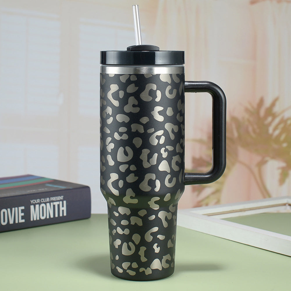 40oz Insulated Mug with Handle and Straw Colorful Leopard Pattern Stainless Steel Travel Cup Gift for Family Friends Couples-Blongser