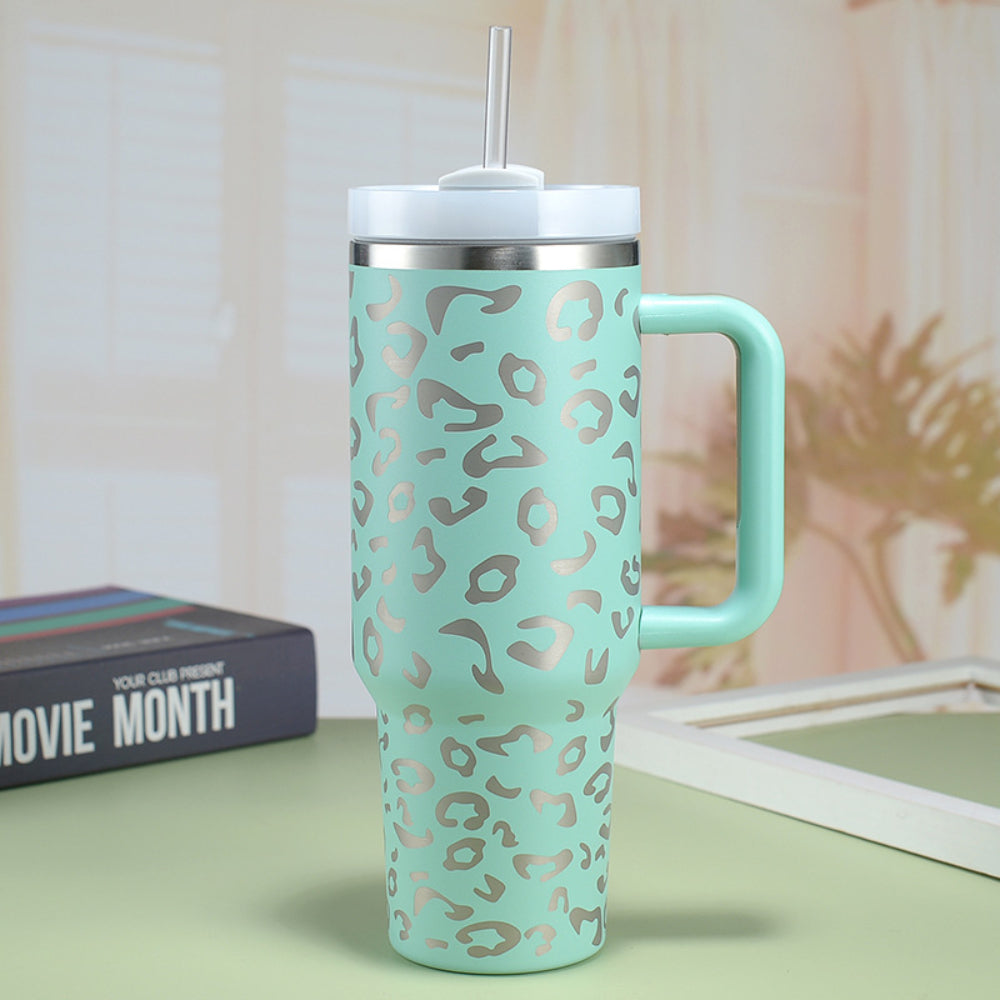 40oz Insulated Mug with Handle and Straw Colorful Leopard Pattern Stainless Steel Travel Cup Gift for Family Friends Couples-Blongser